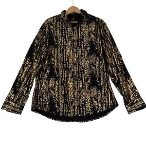 House of Lords Mens 2XL Black Gold Foil Metallic Button Down Shirt Long Sleeve